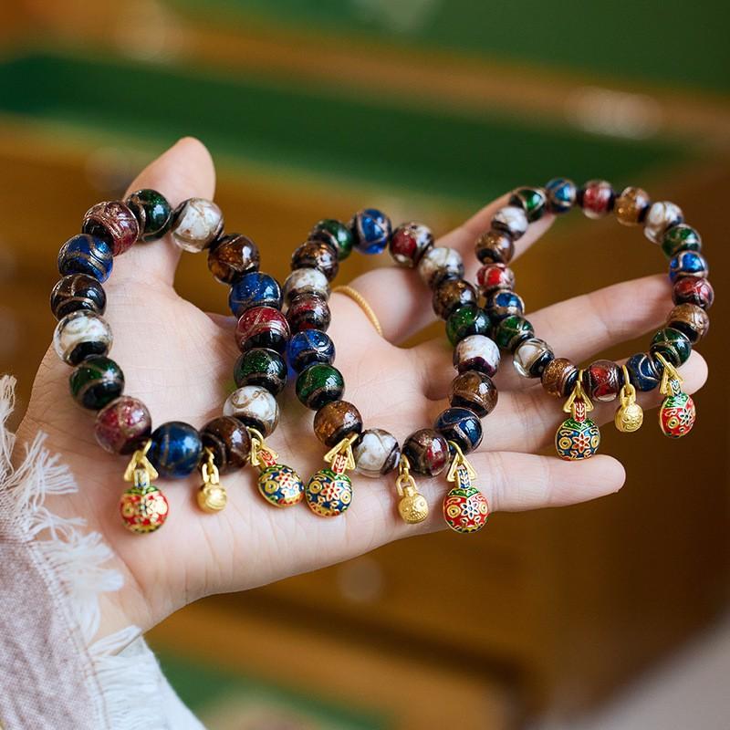 Handmade Multicolor Ash Glass Bead Bracelet With Guardian Beast Charm Family Set Boho Ethnic Style Unisex Jewelry