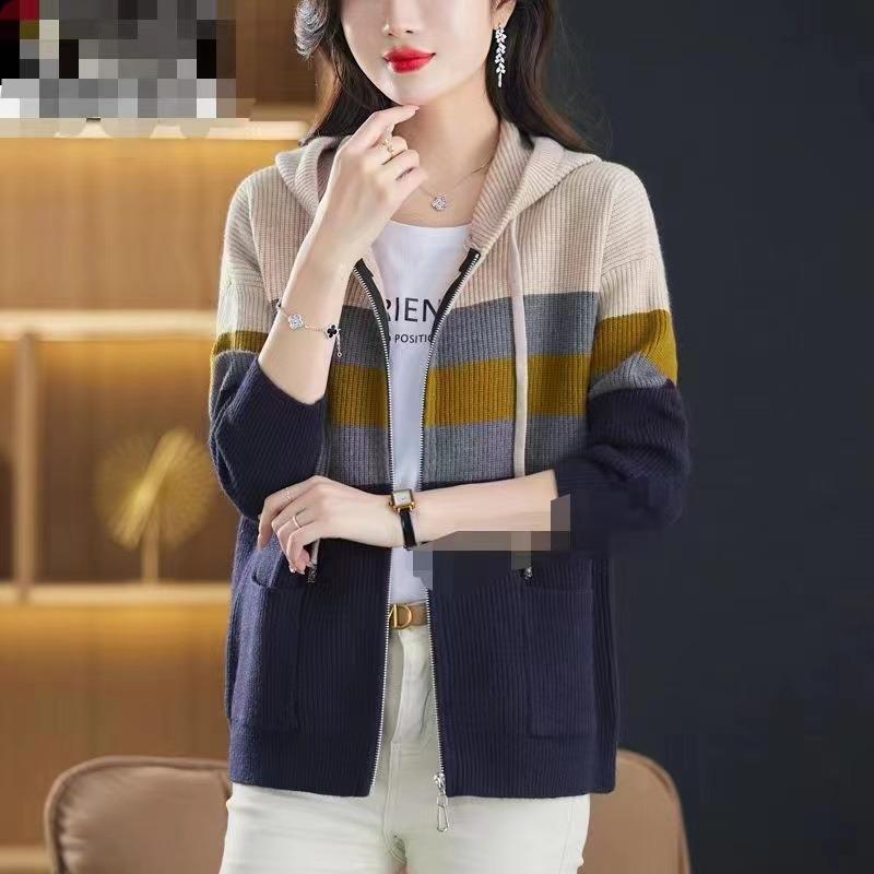 Autumn Color Matching Hooded Knitted Cardigan Women's Top New Women's Striped Sweater Jacket Autumn and Winter