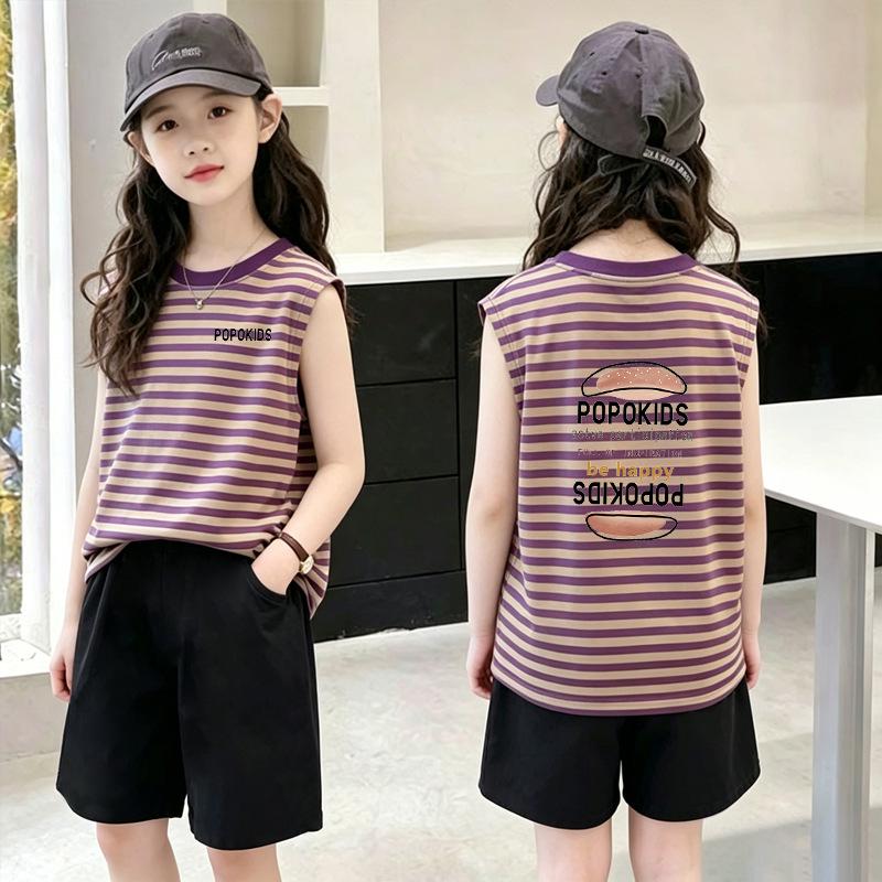 Korean Style Girls' Color Block Striped Sleeveless Vest Set - Summer New Arrivals for Medium & Large Children