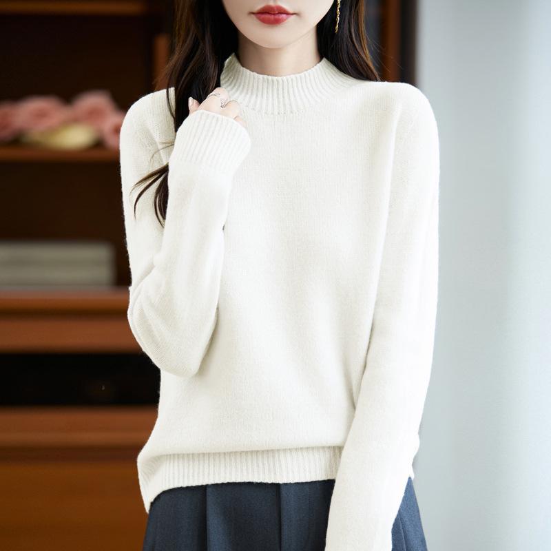 Women's Pure Color Wool Sweater - Half-High Collar, Loose Knit Pullover for Autumn/Winter