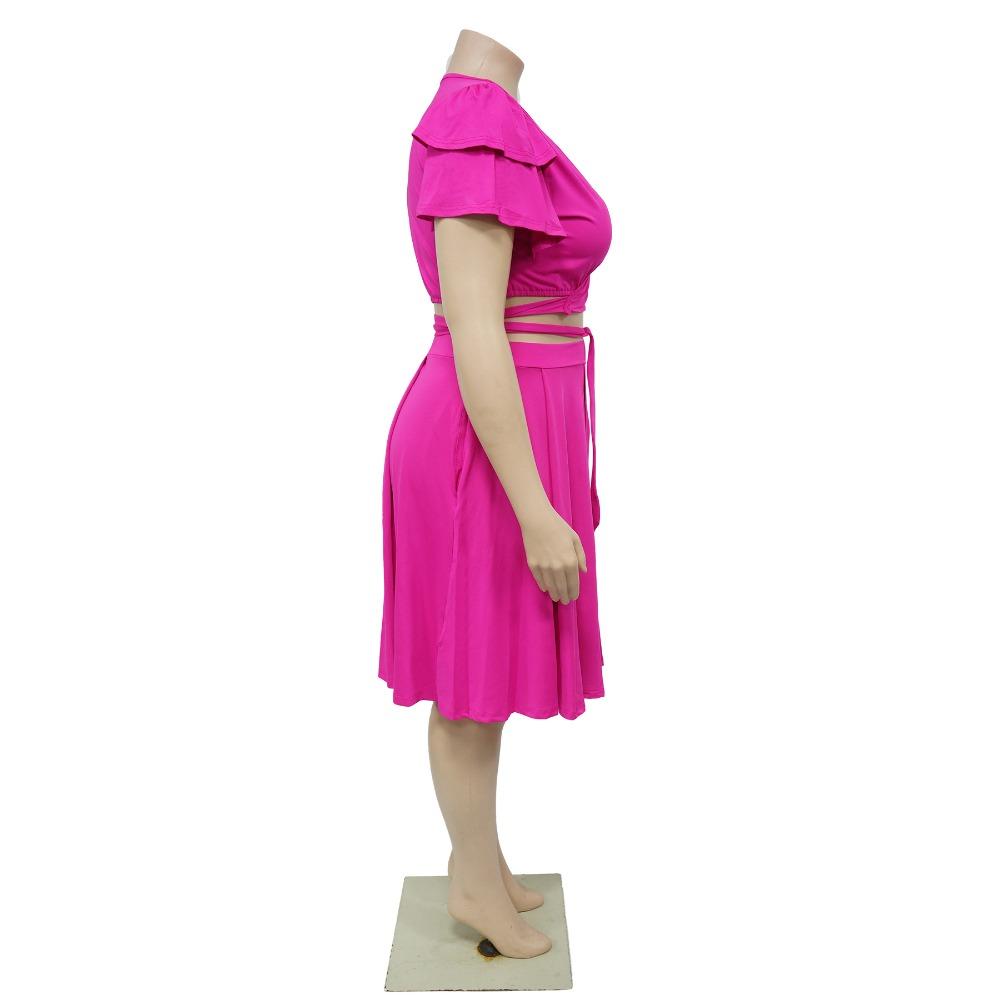 Comfortable Casual Flounce Sleeve Tie Waist Short Skirt Set with Pockets V Neck Plus Size Outfit