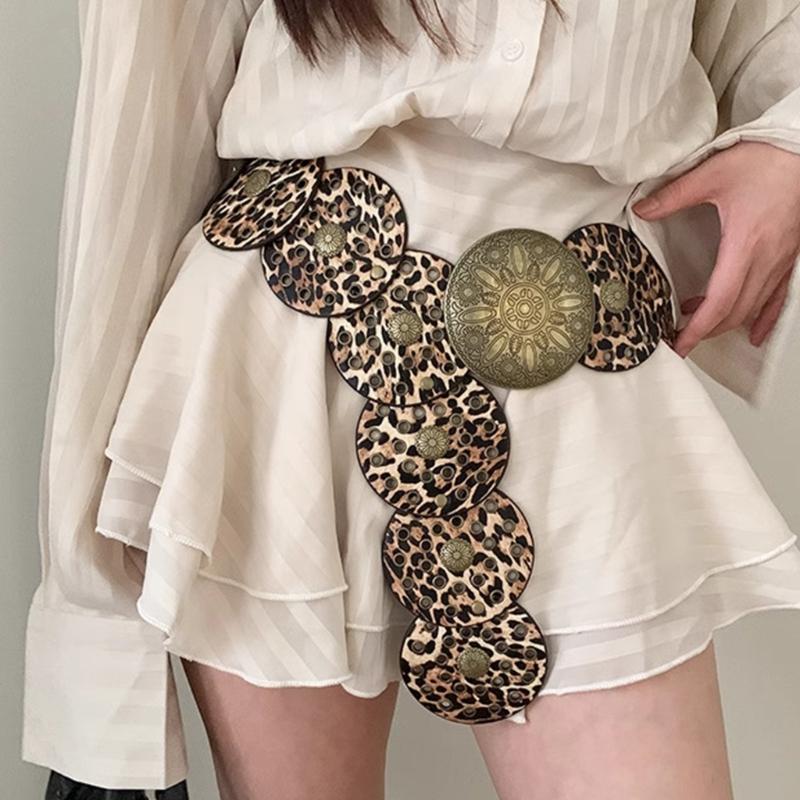Stylish Leopard Wide Belt for Adult Western Waistband Ethnic PU Leather Embossing Buckle Waiststrap for Formal Dresses