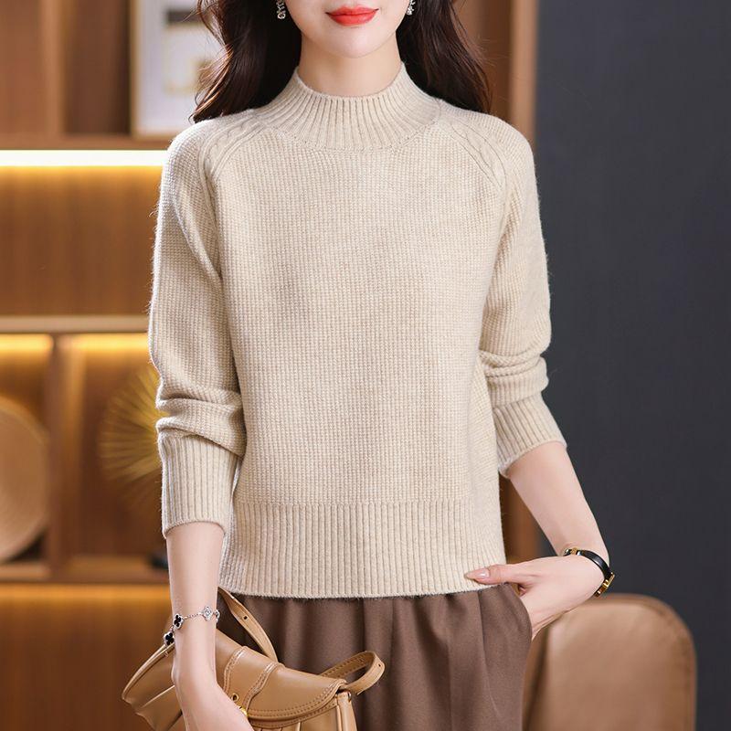 Short Semi High Neck Sweater for Women In Winter Loose and High Waisted with Knitted Base Underneath