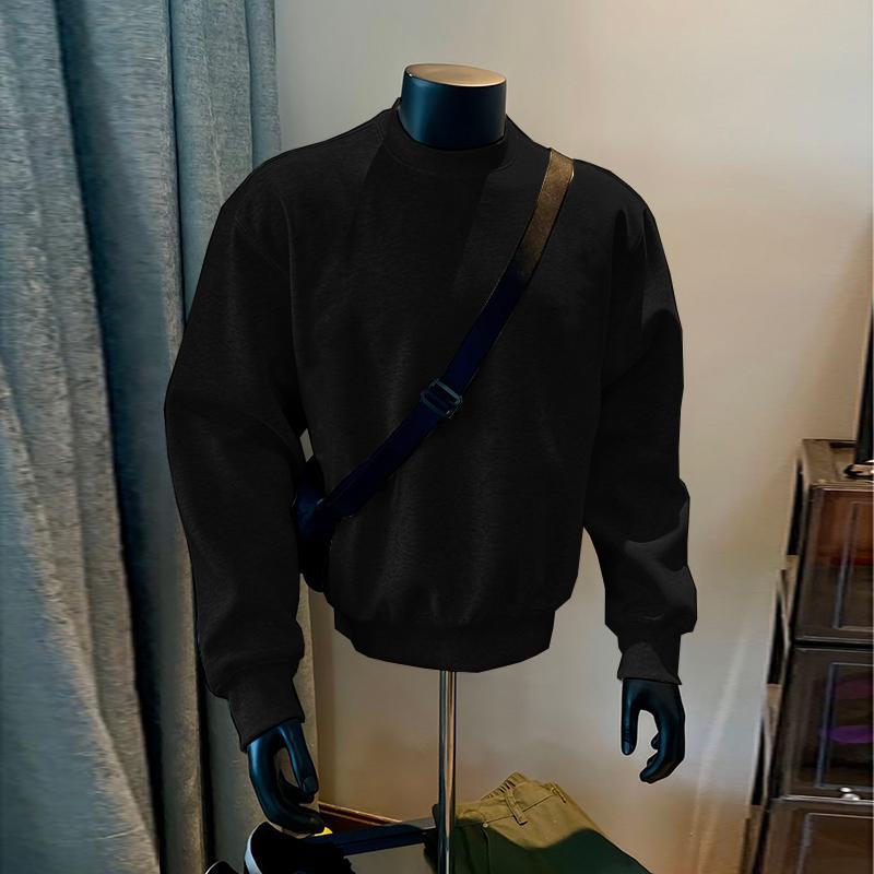 

Black Heavyweight Crewneck Sweatshirt for Men - American Style, Small Collar, Spring/Autumn 2025 Edition. S (80-100 jin)