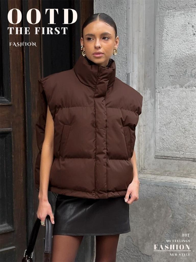 Europe, America, autumn and winter new loose casual drawstring adjustment thin stand collar vest sleeveless cotton vest