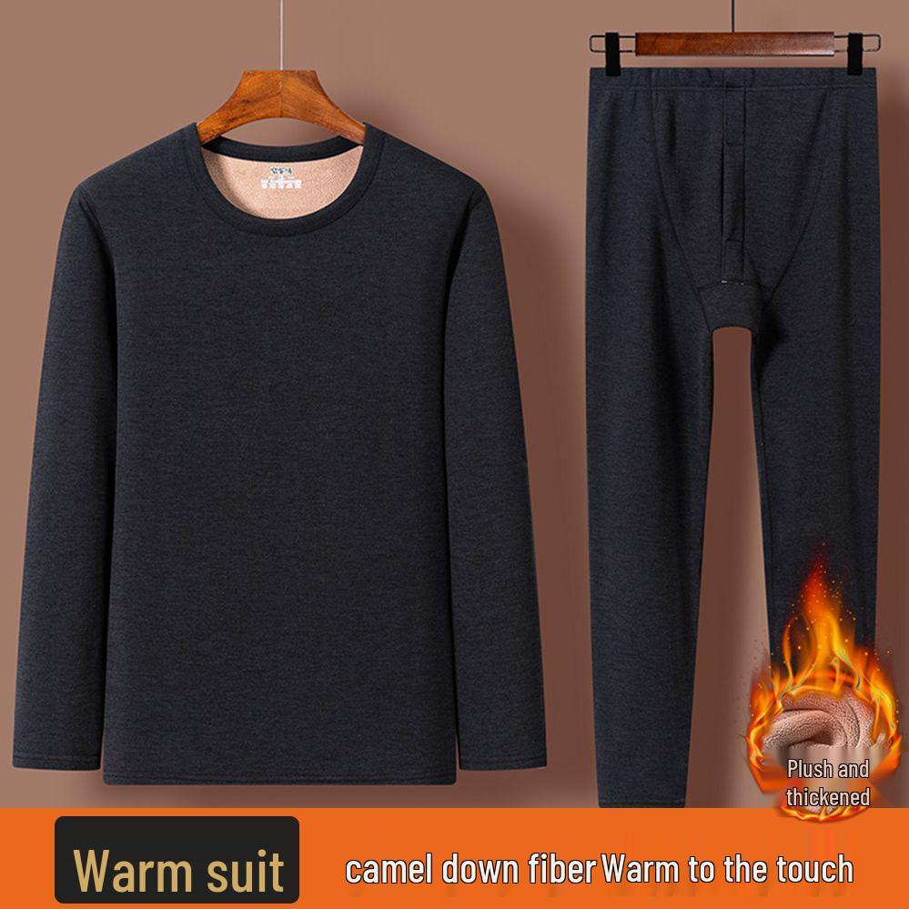 Men's Winter Warm Fleece-Lined Camel Wool Underwear Set - Crew Neck, Quick Heating, for Middle-Aged and Elderly