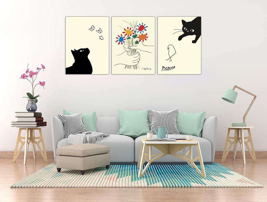 Picasso Cat Painting: Cat and Friendship Flowers, 3-Panel Art Poster, Decorative Painting for Living Room, Sofa Background, Wall Decor, with Wooden Fr