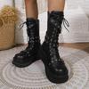 Fashion Punk Gothic Women Boots 2024 Autumn Winter Platform Heightened Lace Up Short Boots Black 6cm Chunky Heel Knight Botas Goth Shoes