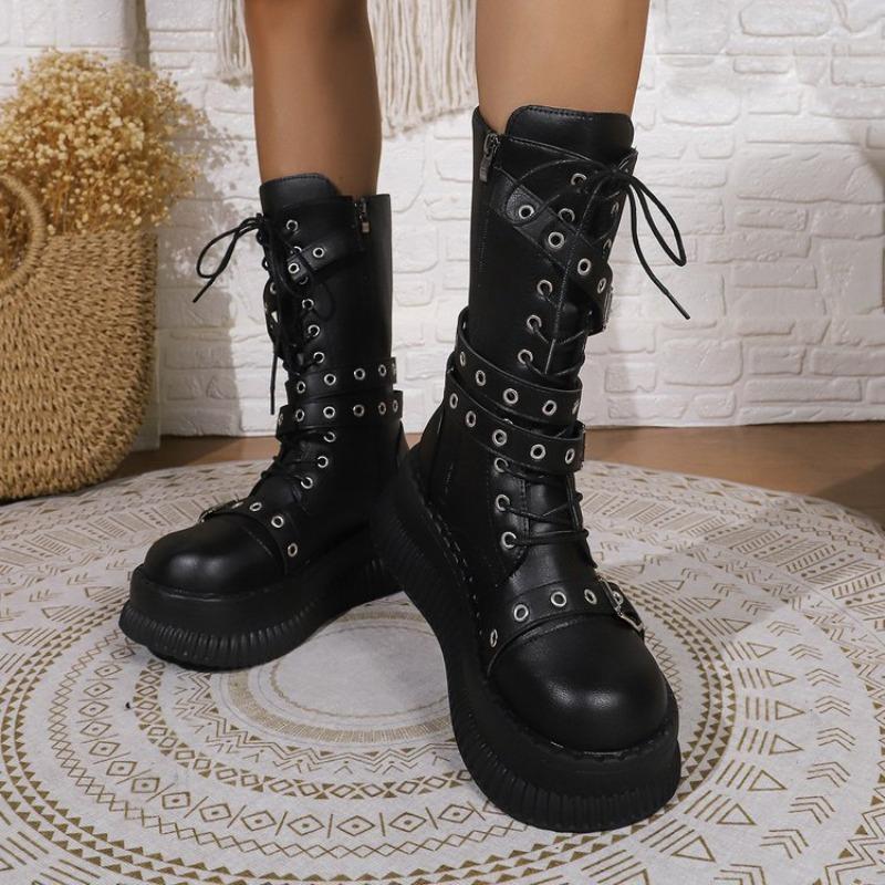 Fashion Punk Gothic Women Boots 2024 Autumn Winter Platform Heightened Lace Up Short Boots Black 6cm Chunky Heel Knight Botas Goth Shoes