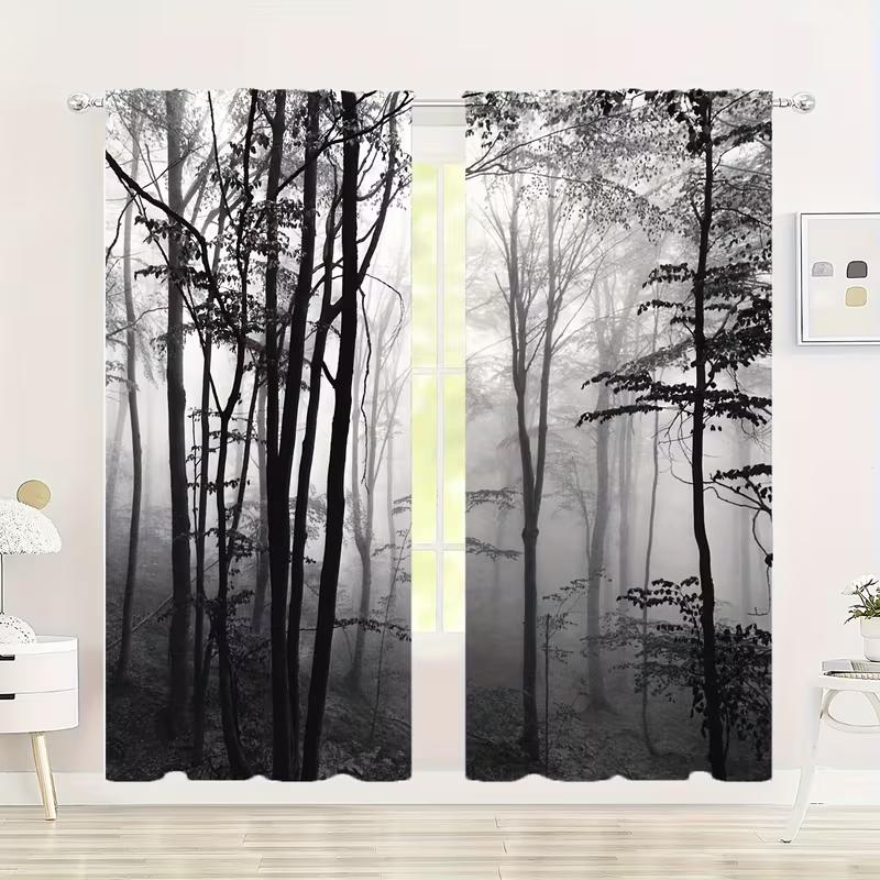 2pcs Gothic Black Forest Curtains Gloomy Dark Forest Foggy Mysterious Black Tree Forest Blackout Rod Pocket Window Treatments