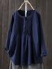 Women Loose Fit Long Sleeve Cotton Linen Shirt Round Neck Pleated Large Size