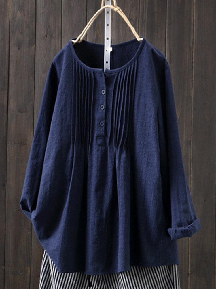 Women Loose Fit Long Sleeve Cotton Linen Shirt Round Neck Pleated Large Size