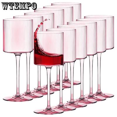 4pcs Plastic Goblets Wine Glasses 11oz Elegant Ribbed Design Wine Glasses Pink Unbreakable Wine Glasses Plastic Cocktail Glasses Shatterproof Wine Cup