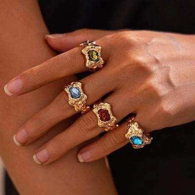 4Pcs Vintage Colorful Zircon Pleated Open Rings Set for Women Fashion Metal Geometric Knuckle Rings Couple Jewelry Accessories