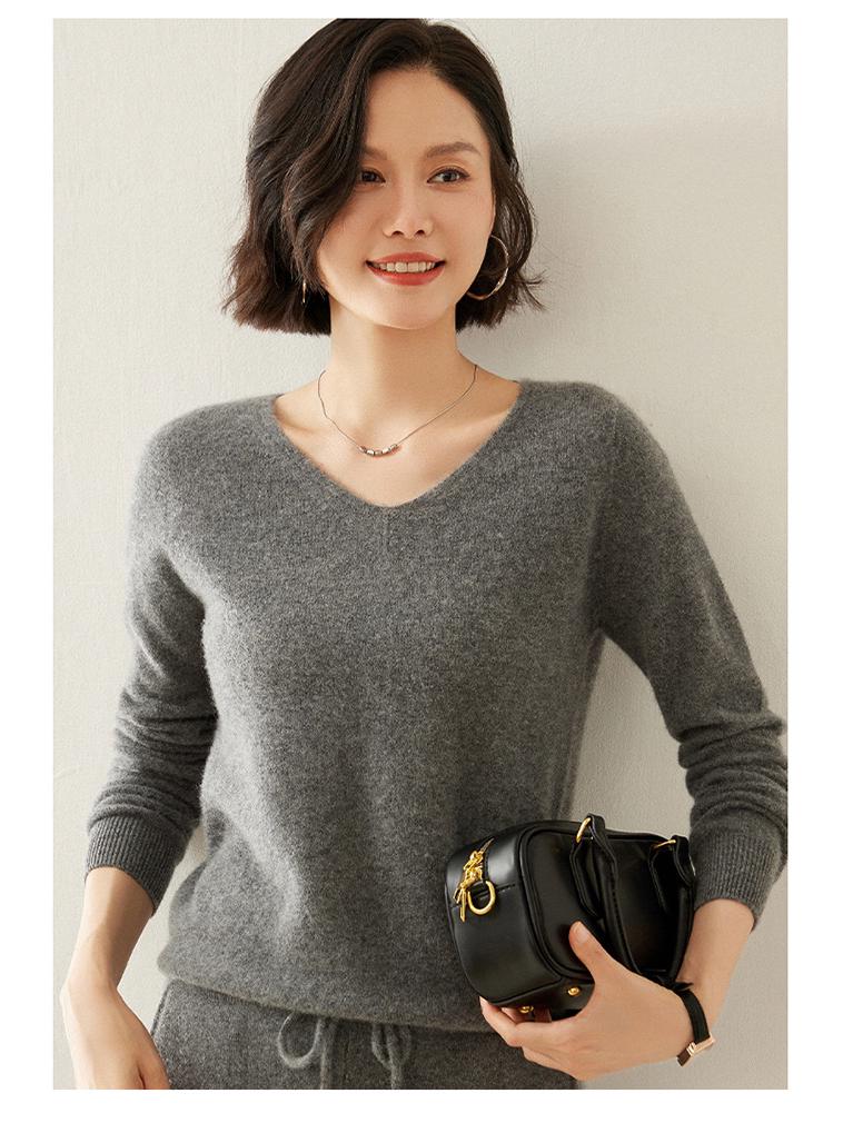 Women's V-Neck Cashmere Sweater - Slim Fit, Hollow Knit Pullover for Autumn/Winter