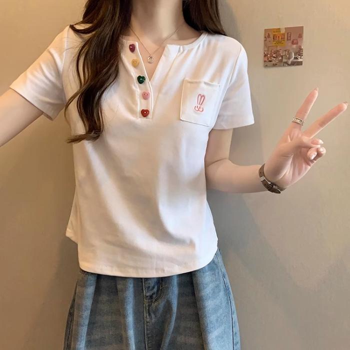 Summer Pure Cotton Irregular Solid T Shirts Women‘s V-neck Short-sleeve T-shirt Casual Slim Elastic Skinny Y2k Top Women Clothes