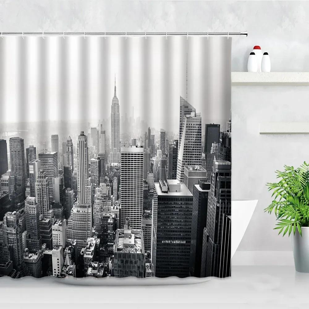 Black White New York City Scenery Shower Curtains Set 3D Building Home Wall Backdrop Decor Nordic Polyester Bathroom Bath Screen