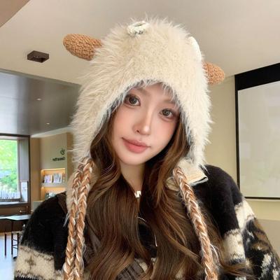 Cute Funny Plush Little Monster Wool Hat Women's Season Big Head Circumference Warm Ear Protection Sweet Knitted Hat Tide