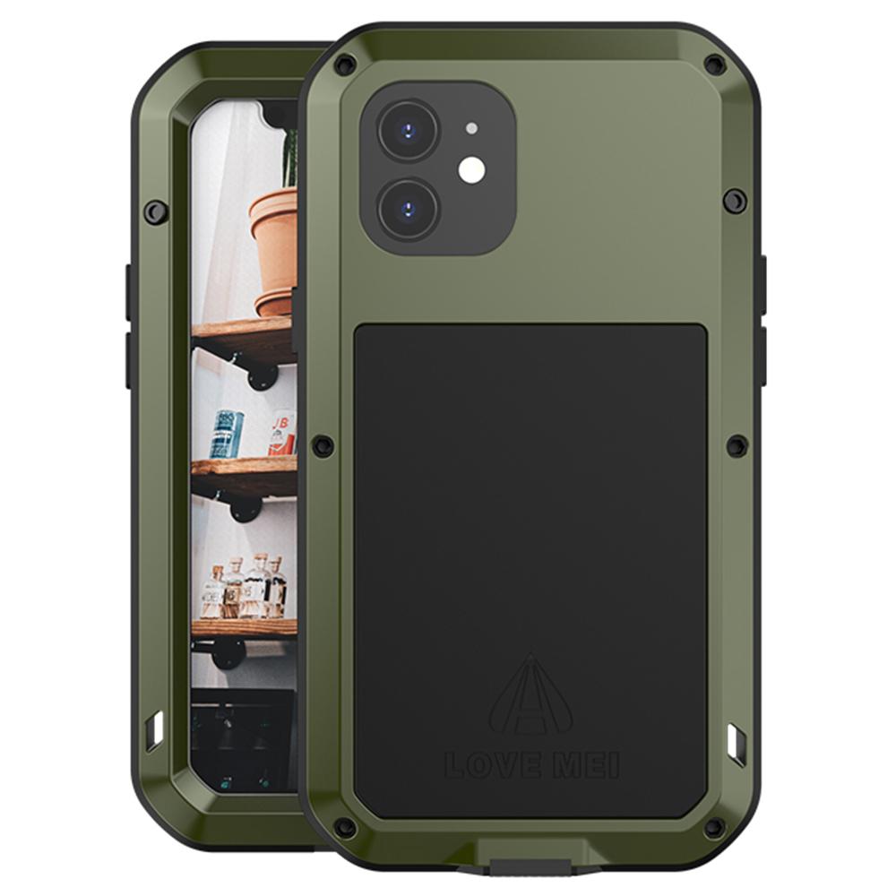 

LOVE MEI For iPhone 12 Full Body Protective Cover Shockproof Metal+Silicone Phone Case with Tempered Glass Film Green
