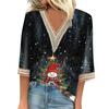 Women's Loose Casual Three-quarter Sleeve V-neck Lace Loose Christmas Print T-shirt Top