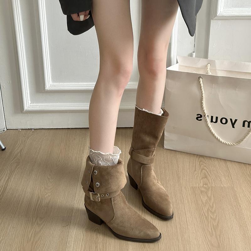 

Fashion Women s Autumn Winter Thick Heel Pointed Over The Knee Boots Denim Style Fashionable Stackable Boots Rubber Outsole 35 хаки