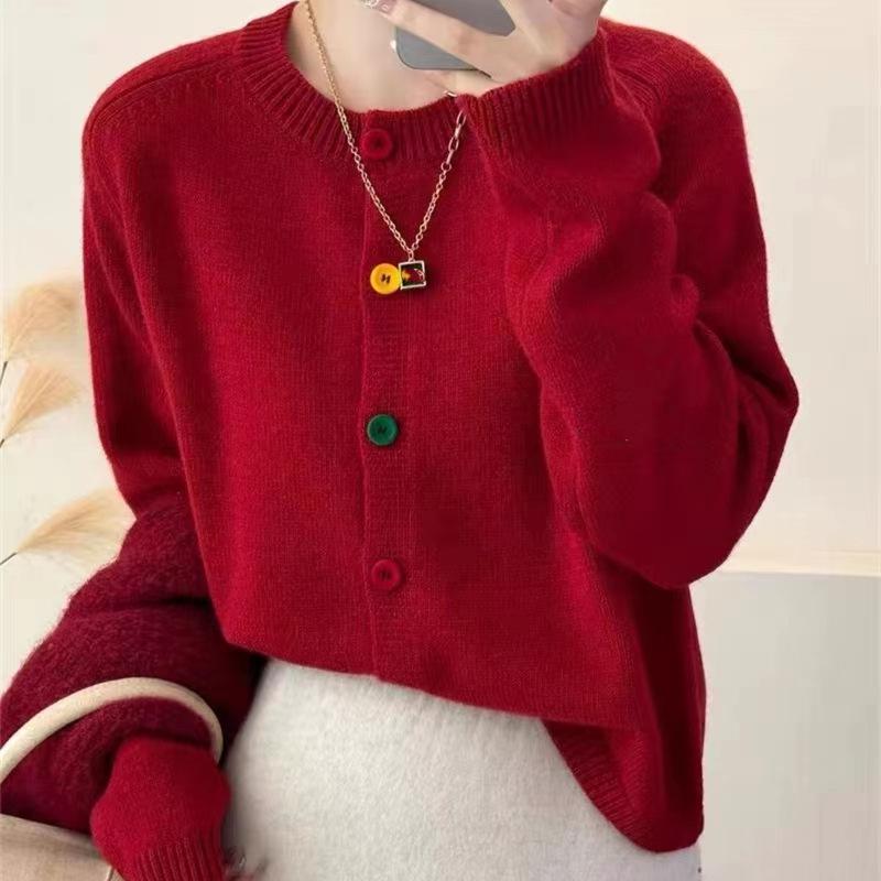 Retro color button knitted cardigan top women's early spring new fashion soft waxy loose sweater jacket tide