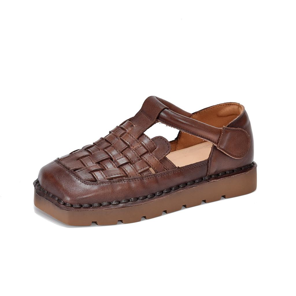 Johnature Genuine Leather Woven Breathable Flat Sandals Square Toe Soft Sole Versatile Women's Shoes