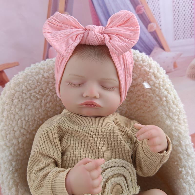 18Inch 46cm Simulated Doll Brown Knitted Rainbow Jumpsuit Pink Bow Headband Vinyl Rebirth Doll Bath Toy Limb Flexibility Doll with Feeding Accessories