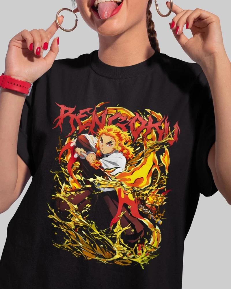 Anime Demon Slayer Kimetsu No Yaiba Black T Shirt Size S 4XL Rengoku