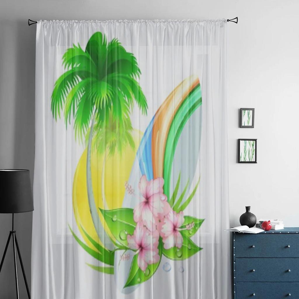 Tende da finestra con palme, fiori di ibisco e tavola da surf per soggiorno, camera da letto da ragazza, tende in tulle, velo da cucina, drappeggi in chiffon