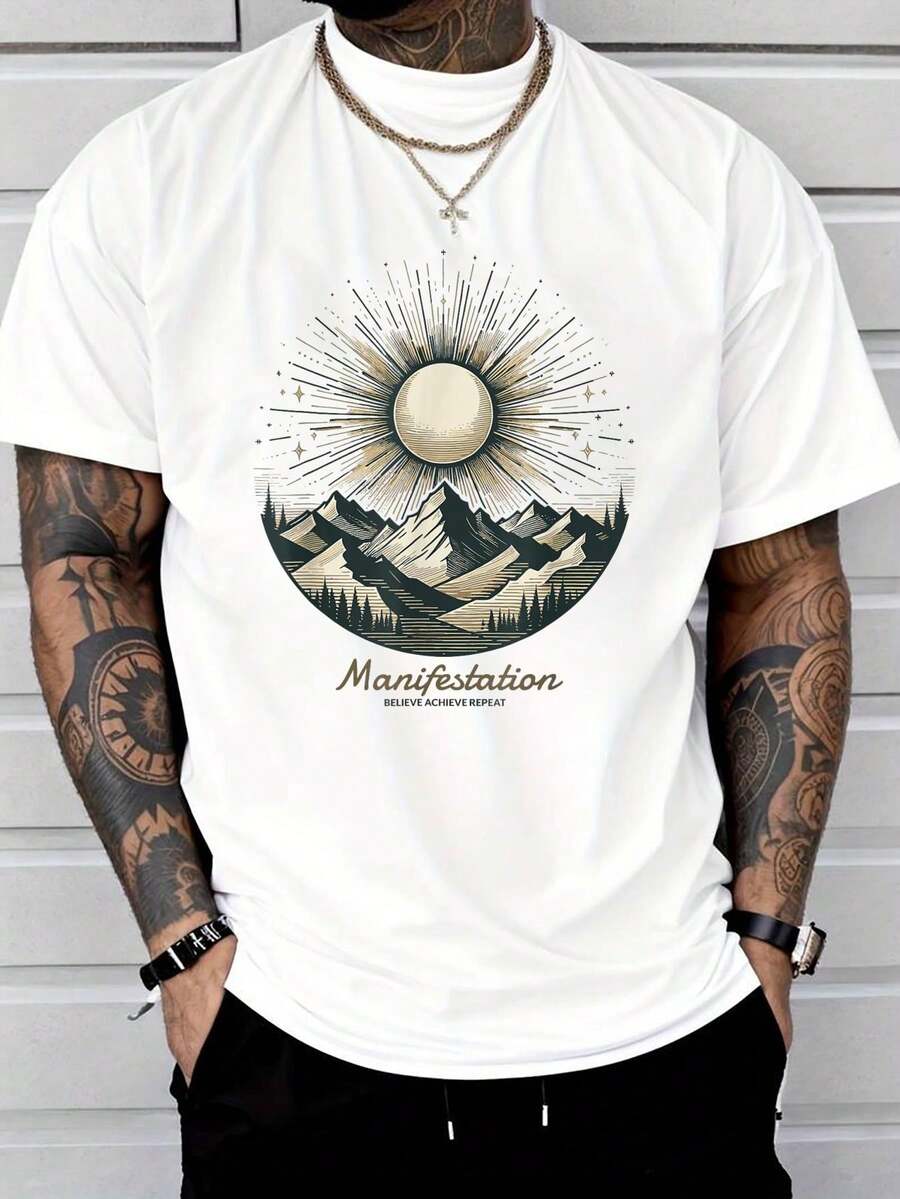 

Manifest Mountain Sunlit Peaks Rise Shine Believe Achieve T-Shirt Unisex s Fashion T-Shirt XXXL
