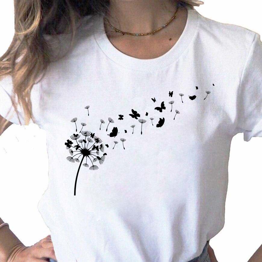 New Dandelion Printed Women T Shirt Cartoon Graphic Printed Black Ladies T-shirt Casual Woman Shirt Funny Tees Shirts