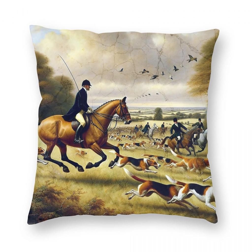 Vintage Reitsport Fuchsjagd Quadratische Kissenhülle Polyester Leinen Samt Kreativ Reißverschluss Dekorative Wohnkissenbezug