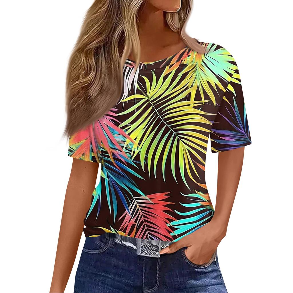 Women's Fashionable Casual Short Sleeve Print Round Neck Pullover Top