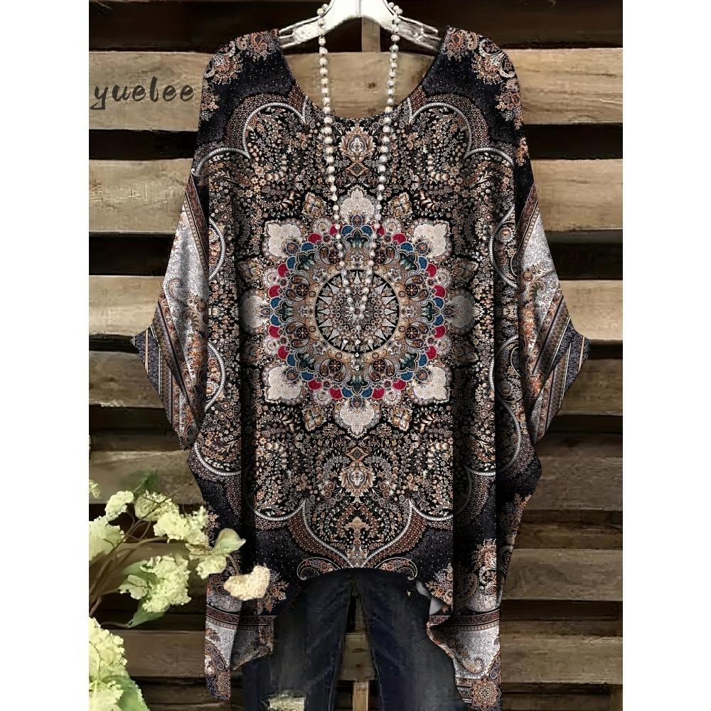 Damenbekleidung Bohemian Floral Tunika Übergröße Damen Bohemian Floralprint Tunika T-Shirt Kurzarm O-Ausschnitt Freizeitkleidung