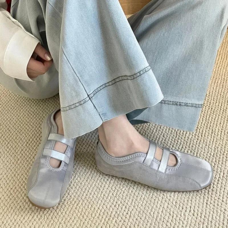 Spring Autumn New Style Soft Bottom Ballet Flat Shoes Women's Round Toe Satin Mary Janes Low Heel Comfortable Footwear