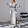 2026 Fall Women Polo Collar Ribbed Knit Maxi Dress Long Sleeve Slim Bodycon Side Slit Elegant Midi Long Dress