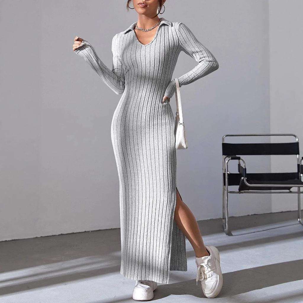 2026 Fall Women Polo Collar Ribbed Knit Maxi Dress Long Sleeve Slim Bodycon Side Slit Elegant Midi Long Dress