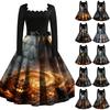 Women's Vintage Long Sleeve Square Neck Halloween Printed Party Dress for Evening Wear