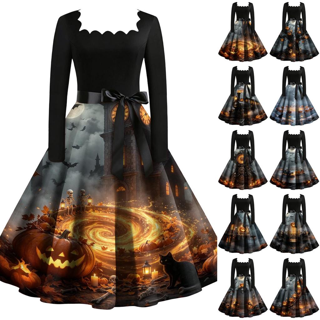 Women's Vintage Long Sleeve Square Neck Halloween Printed Party Dress for Evening Wear