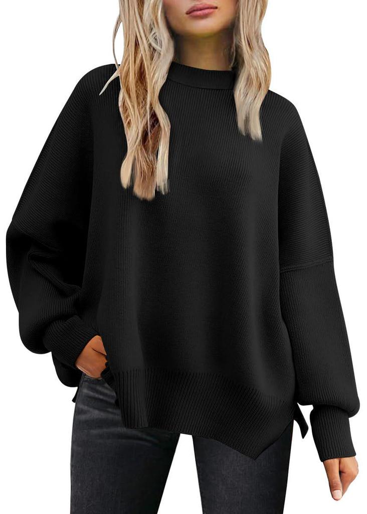 2025 Women's Round Neck Batwing Long Sleeve Knit Sweater with Exposed Seam and Side Slit