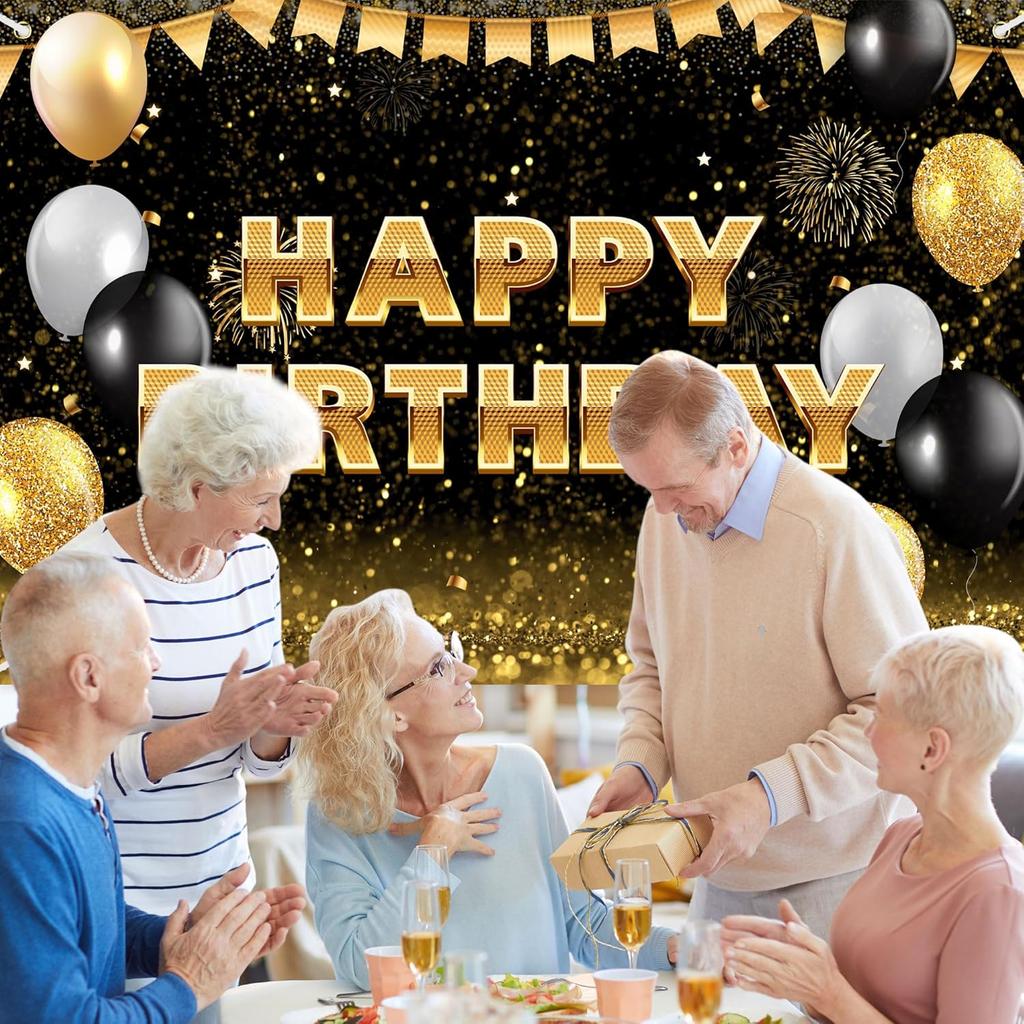 Black Gold Happy Birthday Backdrop Banner Glitter Black Gold Theme Photography Photo Prop Background Decor for Men Women Boys Girls Celebration