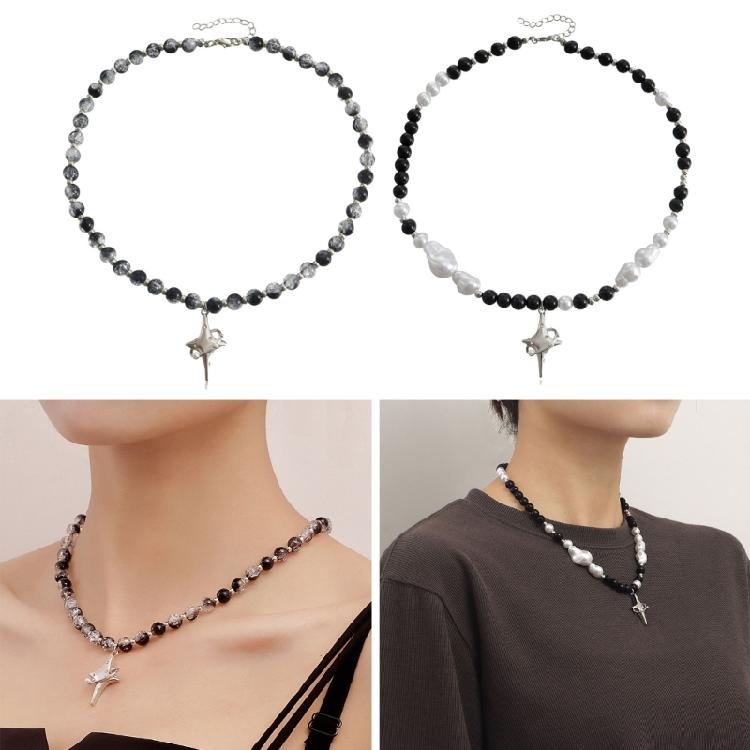 Vintage Beaded Crossed Star Necklace for Women Fashion Aesthetic Y2k Jewelry