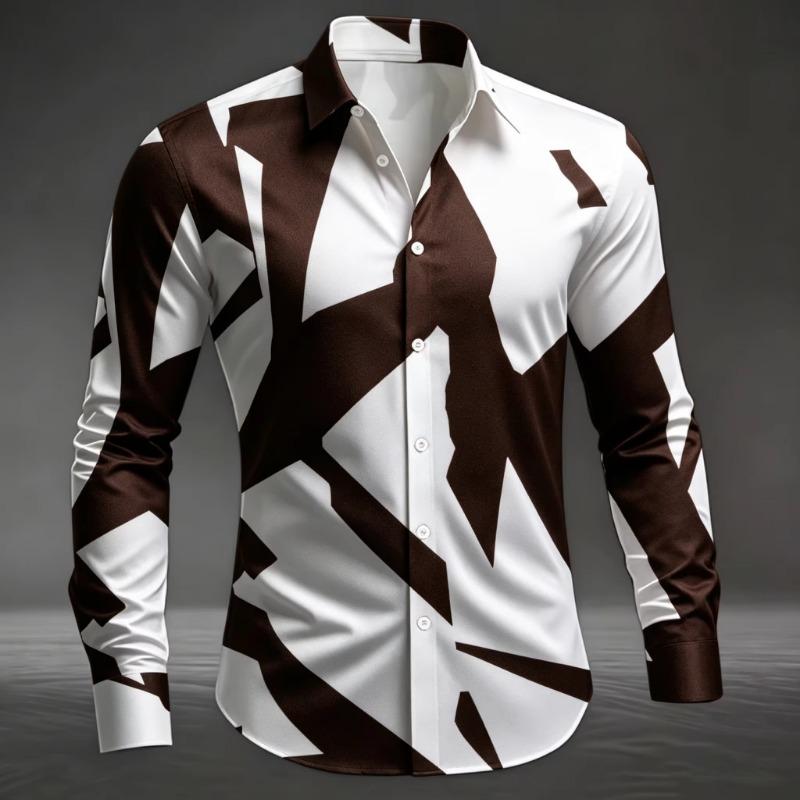 Men's Artistic Geometric Abstract Print Long Sleeve Dress Shirt Smooth Breathable Fabric Slim Fit Formal Business Casual Social