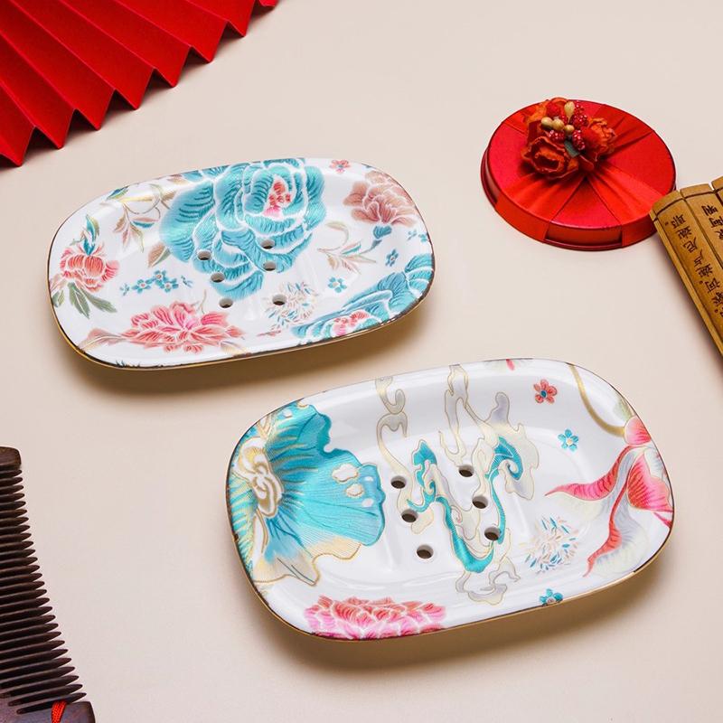 European Ceramic Peony Soap Dish Double-layer Water-draining Bathroom Storage Rack Hotel Soap Storage Box Bathroom Accessories