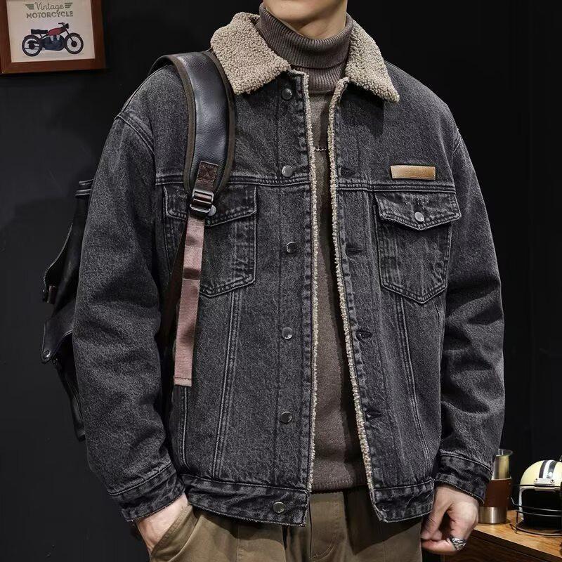 Men's 2025 Autumn/Winter Retro Plush Lined Denim Jacket - Trendy Loose Fit with Warm Lambswool.