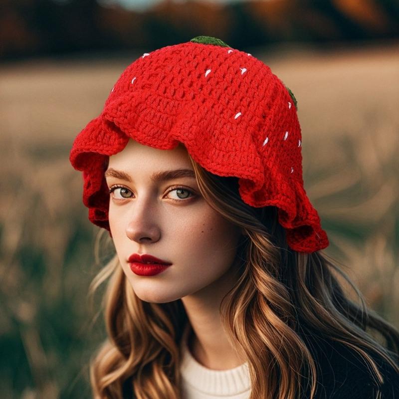 Handmade Strawberry Hat Handwoven Strawberry Openwork Crocheted Hat for Music Festival Stylish Strawberry Fisherman Hat
