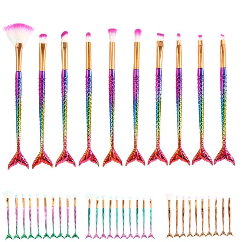 Четырехцветный набор кистей для макияжа русалки - 10 градиентных кистей в форме рыбьего хвоста