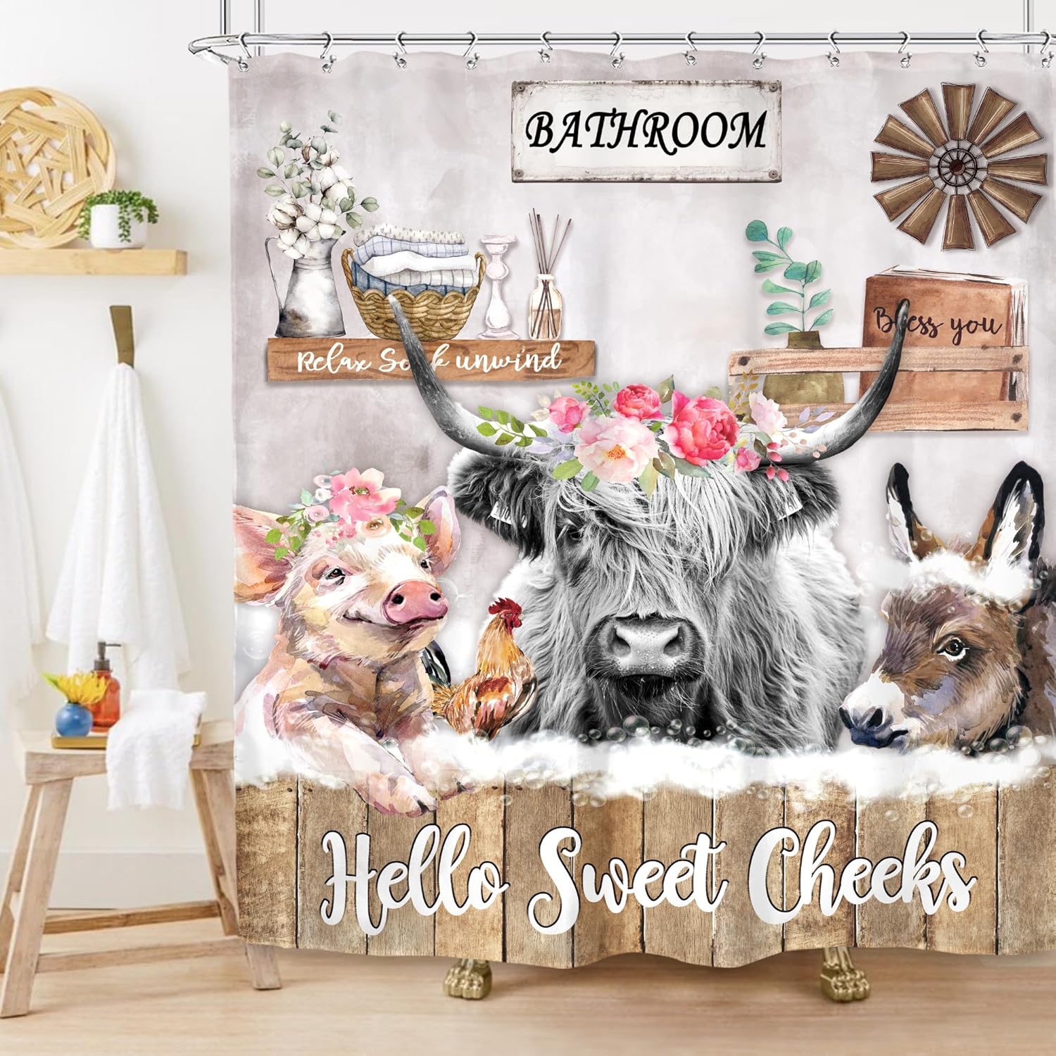 

Imirell Сельский Хайлендский Бык Занавеска для Душа 60Ш x 72В Дюймов Ферма Забавное Животное Фермерский Дом Осел Курица Свинья Цветок Деревянный Сельский W 90x180cm