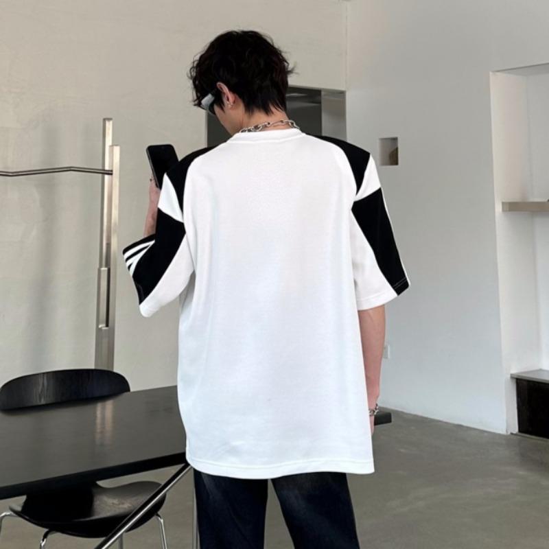Spring and Summer New Men's Color Block Printing Shoulder Pad Loose Casual Short Sleeve T-shirt